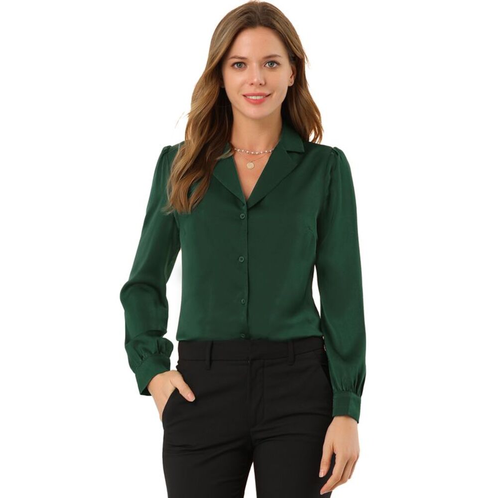 Satin Blouse Long Sleeve Button Down Shirt Collared Work Top Green